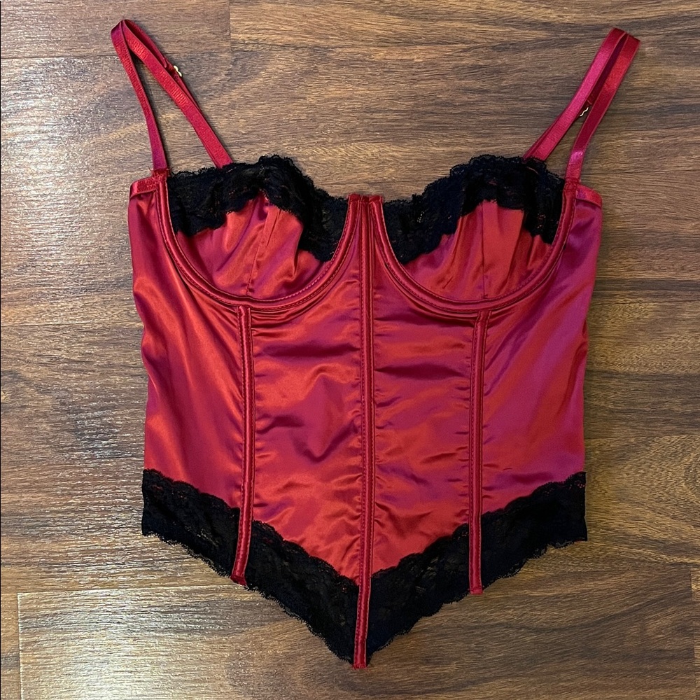 Oh Lá Lá Chéri Red Satin Corset with Black Lace